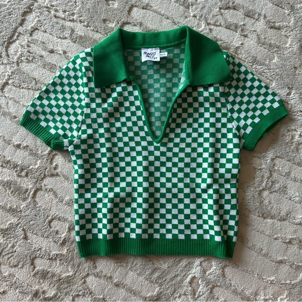 Princess Polly Green and white checkered knit polo